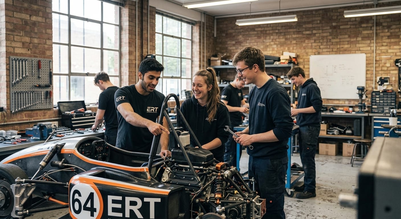 Des membres de l'ENSMA Racing Team travaillant ensemble sur la monoplace à l'atelier